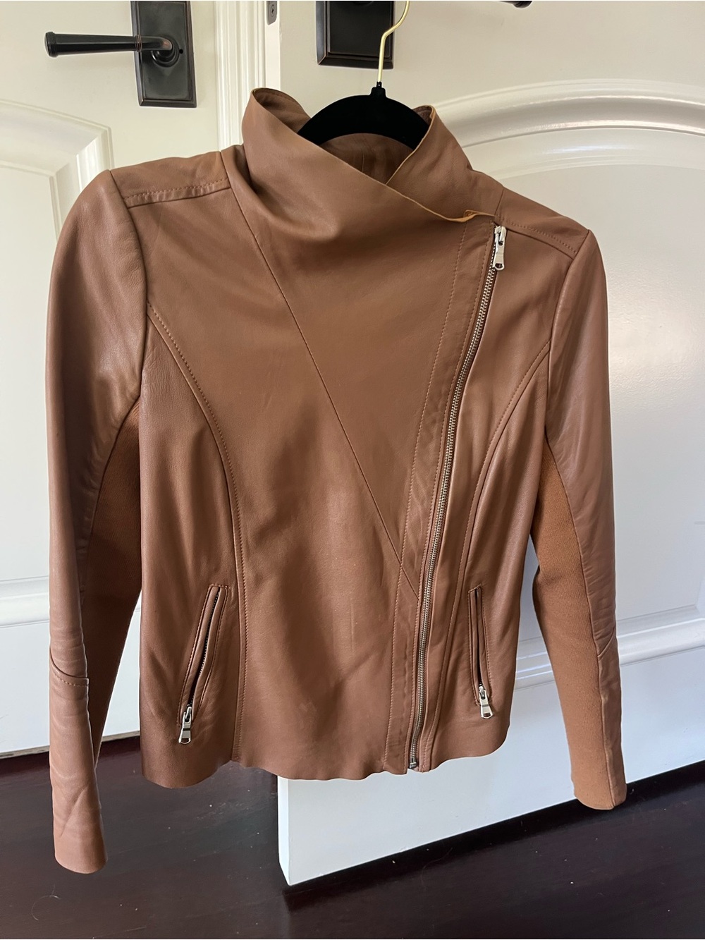 Trouvé Women's Brown Leather Asymmetrical Zip Jacket with High Funnel Collar